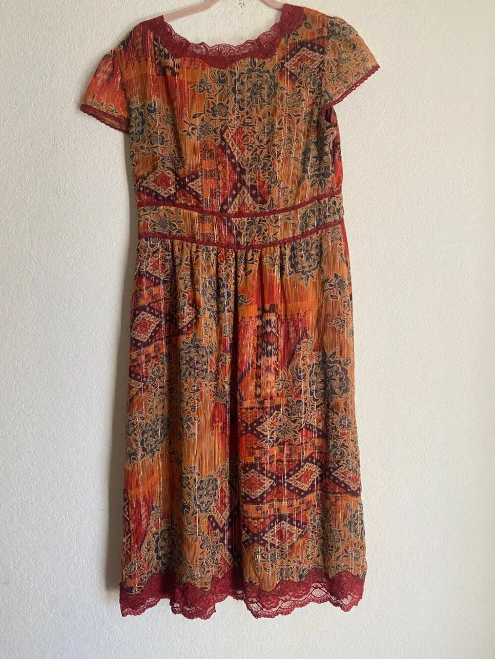 100% Silk Bohemian Paisley Lace-Trim Midi Gypsy Ethereal Dress Robbie Bee - Picture 9 of 11